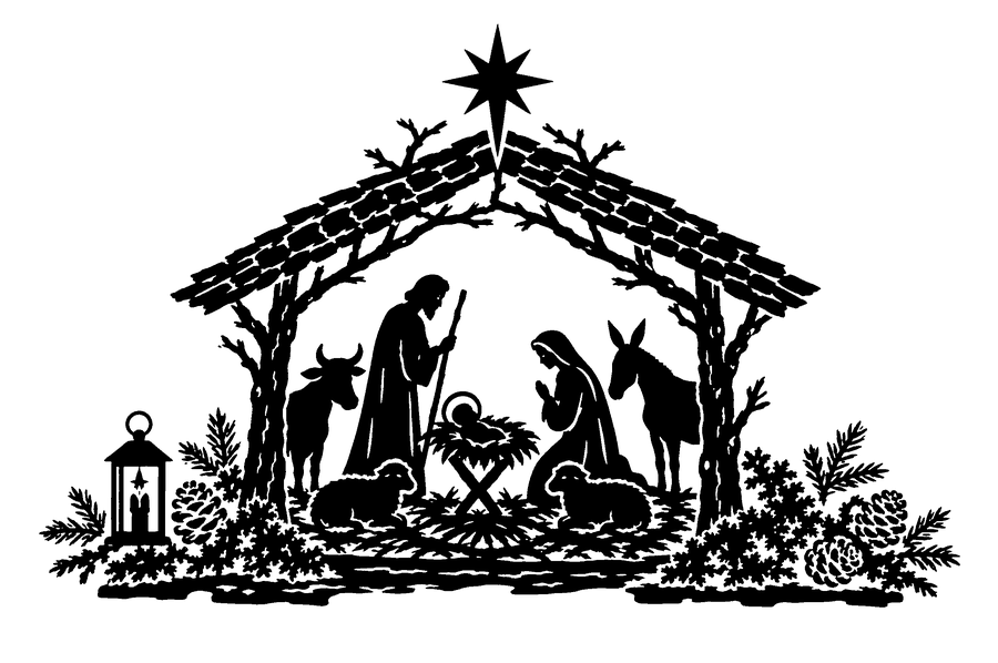 Der Scherenschnitt zum 12. Dezember („Krippe bauen“) in der Druckfassung, schwarz auf weiß.