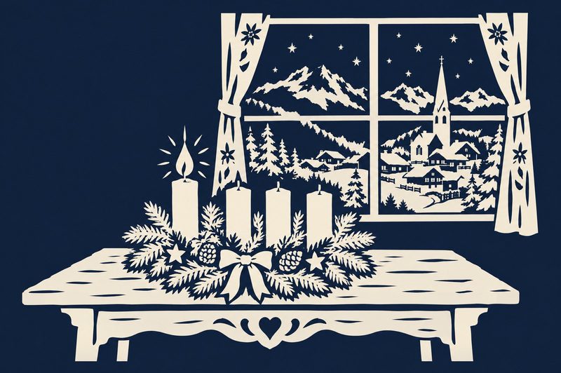 Scherenschnitt: Ein Adventkranz mit vier Kerzen, eine davon brennt, auf einem Holztisch. Durch das Fenster sieht man ein verschneites Dorf mit Kirche und Bergen.