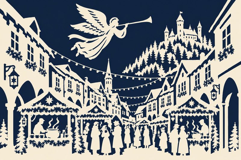 Scherenschnitt: Adventmarkt in einer Altstadtgasse mit Ständen und vielen Menschen. Darüber fliegt ein Engel mit Trompete, im Hintergrund eine Burg auf einem bewaldeten Hügel.