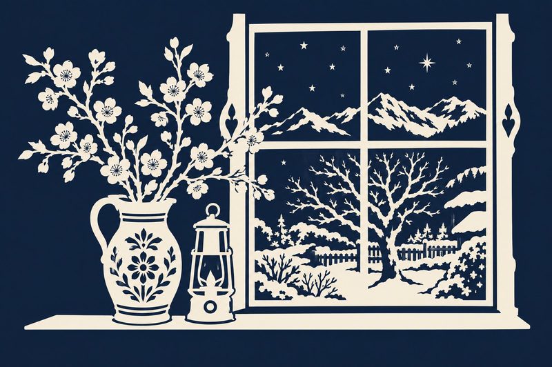Scherenschnitt: Ein Krug mit blühenden Zweigen und eine Laterne am Fenster, draußen ein kahler Baum im Schnee unter dem Sternenhimmel.