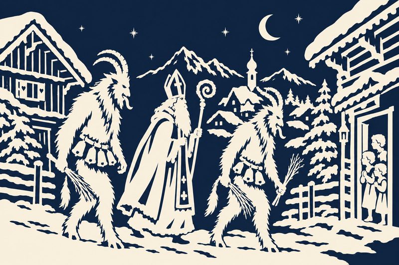 Scherenschnitt: Zwei zottige Krampusse mit Hörnern und Rute begleiten den Nikolaus durch ein verschneites Dorf, aus einer Haustür schauen Kinder zu.