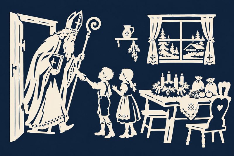 Scherenschnitt: Der Nikolaus mit Mitra und Bischofsstab steht in der Stubentür, zwei Kinder kommen ihm entgegen. Auf dem Tisch stehen ein Adventkranz und Gaben.