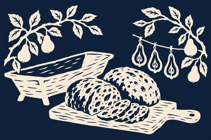 Scherenschnitt: Angeschnittene Laibe Kletzenbrot auf einem Brett, daneben eine Holzmulde. Darüber hängen Birnenzweige und aufgefädelte gedörrte Birnen.