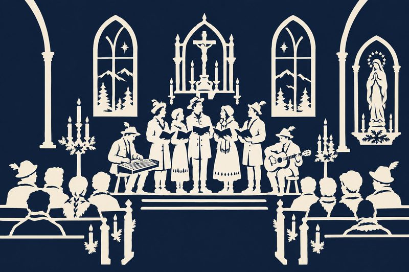 Scherenschnitt: Sängerinnen, Sänger und Musikanten in Tracht vor dem Altar einer Kirche, in den Bänken sitzen Zuhörer.