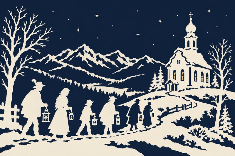 Scherenschnitt: Menschen mit Laternen gehen in der Dunkelheit durch den Schnee zu einer Kirche, dahinter Berge.