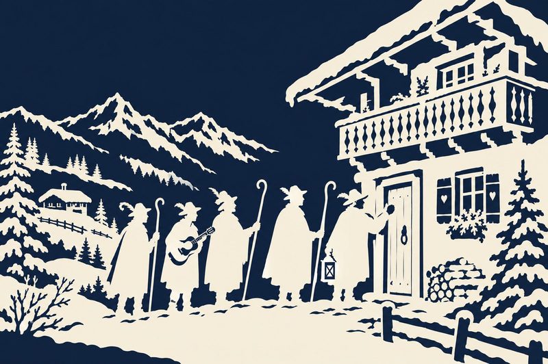 Scherenschnitt: Eine Gruppe von Hirten mit Stäben und Laterne klopft an die Tür eines Bauernhauses mit Holzbalkon.