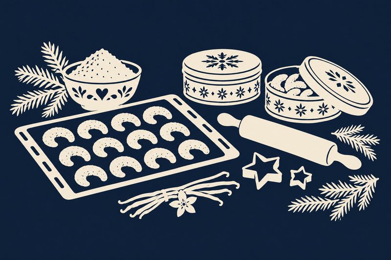 Scherenschnitt: Ein Backblech mit Vanillekipferln, daneben eine Schüssel, Keksdosen, ein Nudelholz, Ausstecher und Vanilleschoten zwischen Tannenzweigen.