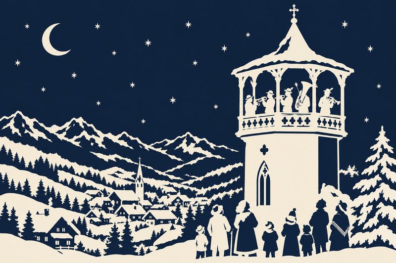 Scherenschnitt: Musikanten spielen oben in einem Kirchturm, unten stehen Menschen und hören zu. Dahinter ein verschneites Tal mit Dorf unter Mond und Sternen.