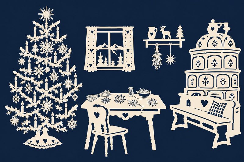 Scherenschnitt: Ein Christbaum mit Strohsternen in einer Stube mit Kachelofen, Tisch und Stuhl.