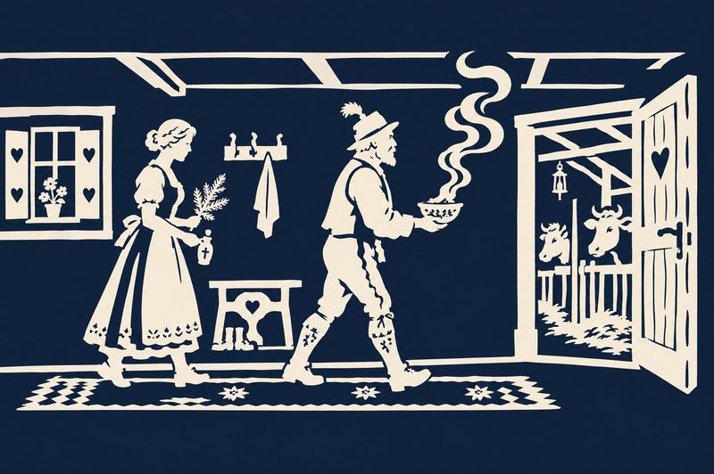 Scherenschnitt: Eine Frau und ein Mann in Tracht gehen mit einer rauchenden Räucherpfanne durch die Stube, die Tür zum Stall steht offen.