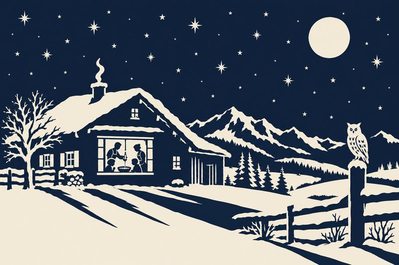 Scherenschnitt: Ein verschneites Haus mit erleuchtetem Fenster in einer Winternacht mit Vollmond und Sternen, auf einem Zaunpfahl sitzt eine Eule.