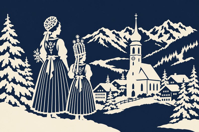 Scherenschnitt: Zwei Frauen in Festtagstracht mit Kopfschmuck, im Hintergrund ein verschneites Dorf mit Kirche und Bergen.
