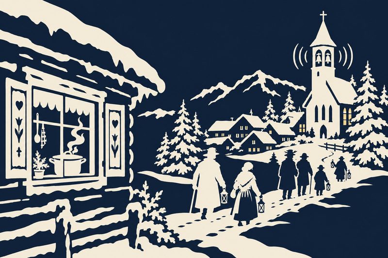 Scherenschnitt: Menschen mit Laternen gehen nachts durch den Schnee zur Kirche, deren Glocke läutet. Links ein Bauernhaus mit erleuchtetem Fenster.