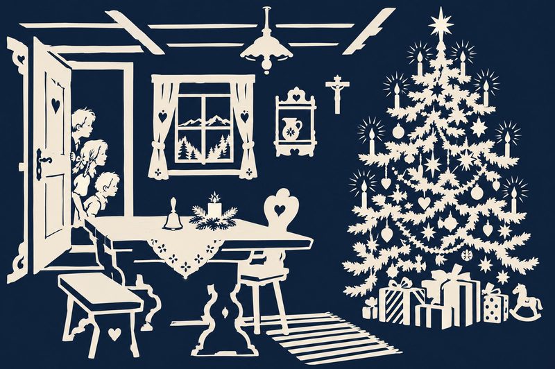 Scherenschnitt: Eine Stube mit geschmücktem Christbaum und Geschenken, zwei Kinder schauen durch die Tür herein.